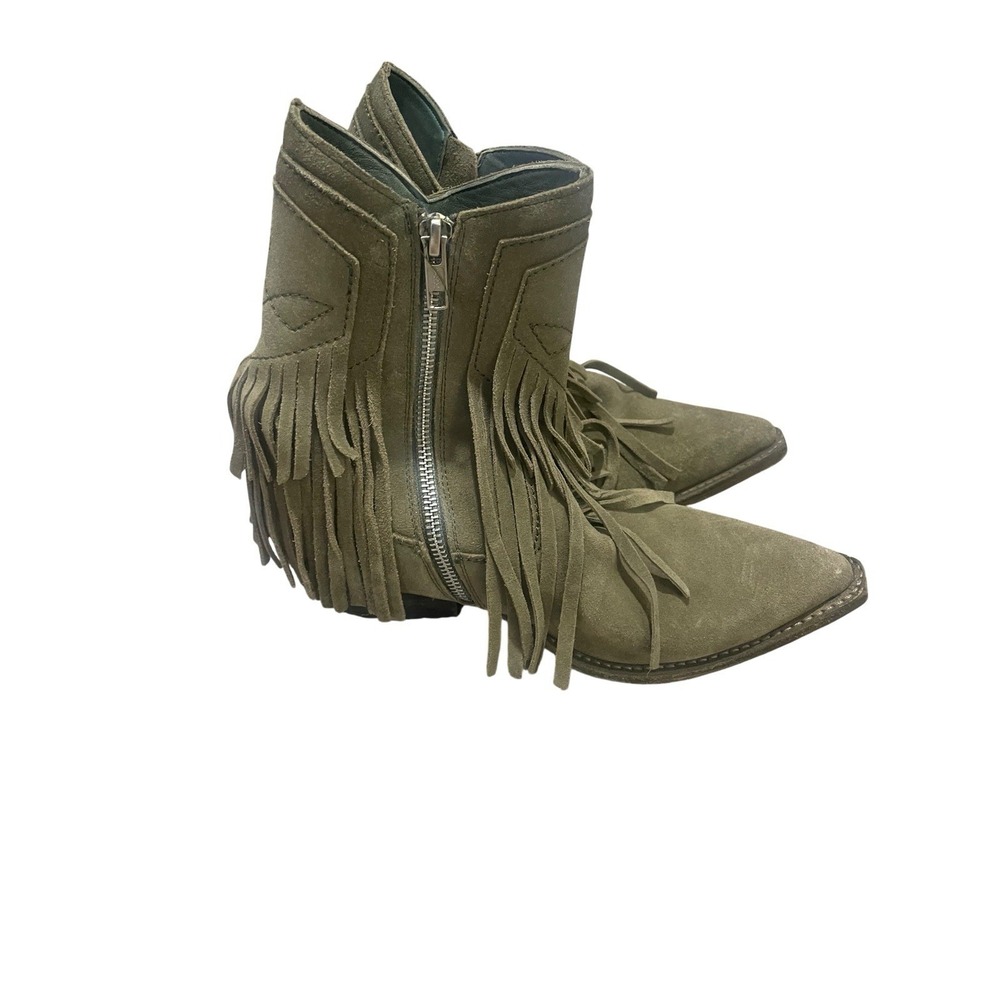 Free People Lawless Fringe Green Suede Boho Side Zip Western Boots 37.5 Festival